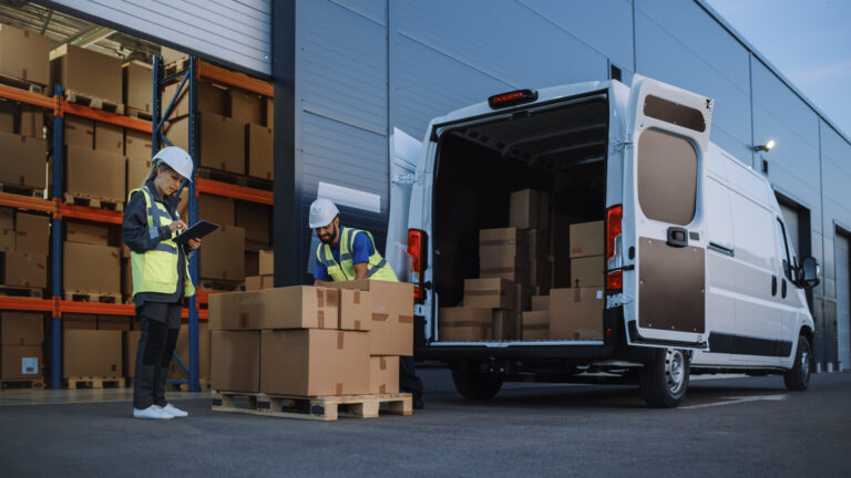 Warehouse workers unloading boxes from delivery van using enterprise communication devices – workplace safety and real-time coordination concept by AllVoice.