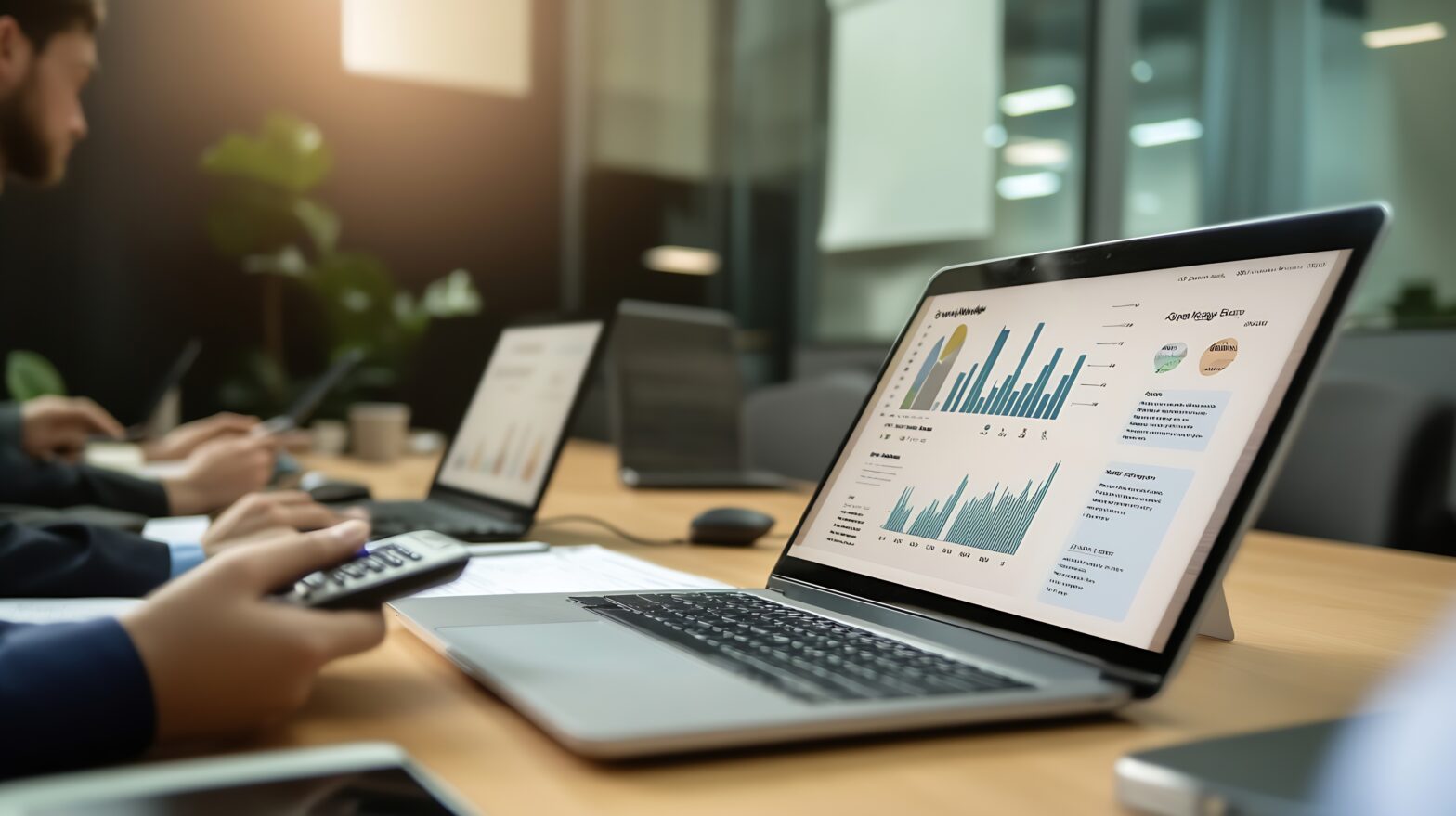 Laptop z wykresem wzrostu i analizą danych, symbolizujący rozwój Zoom AI i wyniki finansowe 2025